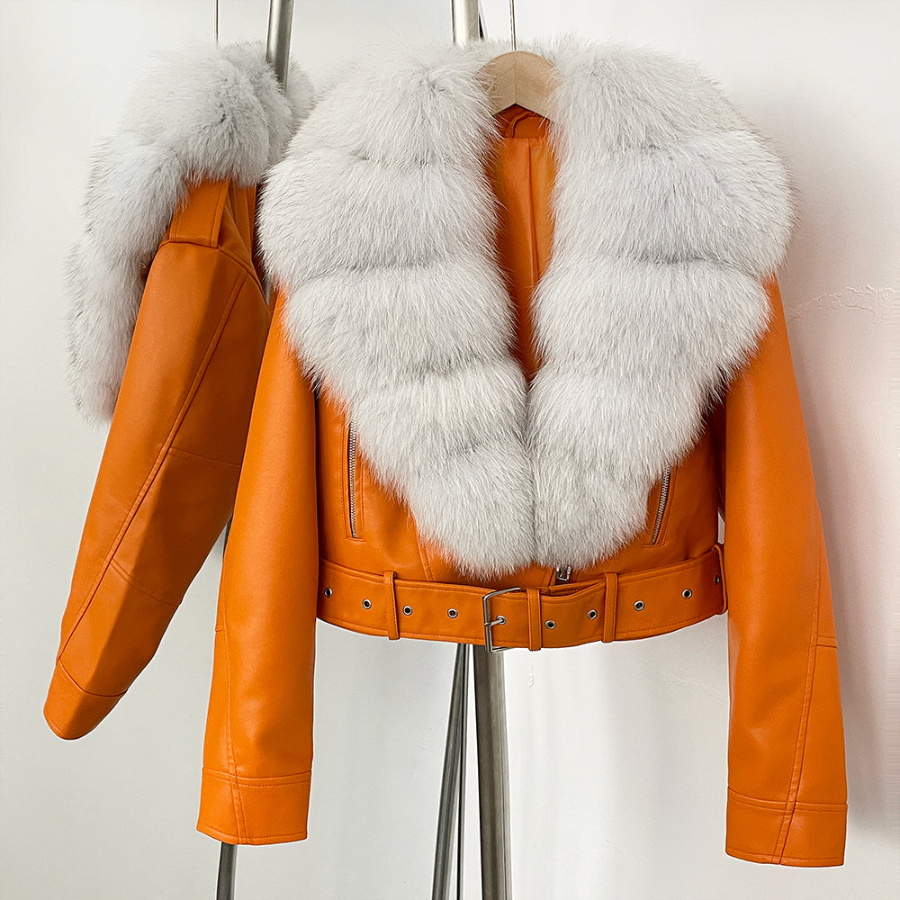 OFTBUY Natural Fox Fur Faux Leather Jacket Female New Autumn Short Top Clothing Women Long Sleeve Fake Leather Real Fur Coat