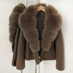 OFTBUY Women's Faux Fur Collar Knit Zip Up Jacket Brown Loose Warm Winter Sweater Coat Female Fashion Casual Cardigan Outerwear