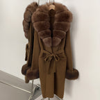 OFTBUY New Cardigan Autumn Winter Long Knit Clothing Women Loose Warm Belt Sweater Jacket with Real Fox Fur Collar and Cuffs
