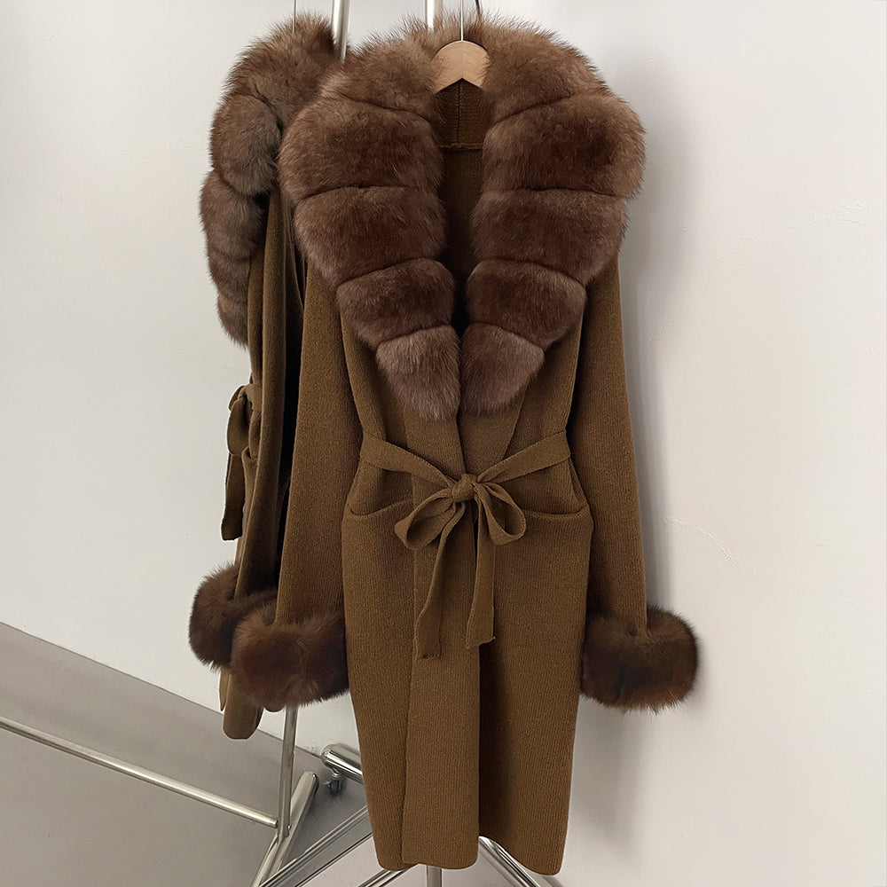 OFTBUY New Cardigan Autumn Winter Long Knit Clothing Women Loose Warm Belt Sweater Jacket with Real Fox Fur Collar and Cuffs