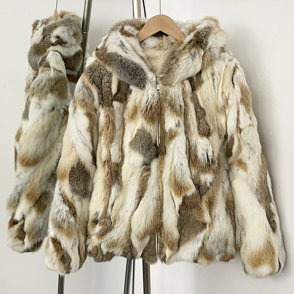 OFTBUY Hooded Zipper Natural Rabbit Fur Jacket Female New Fahsion Autumn Winter Clothes Women Thickened Warm Real Fur Coat Lady