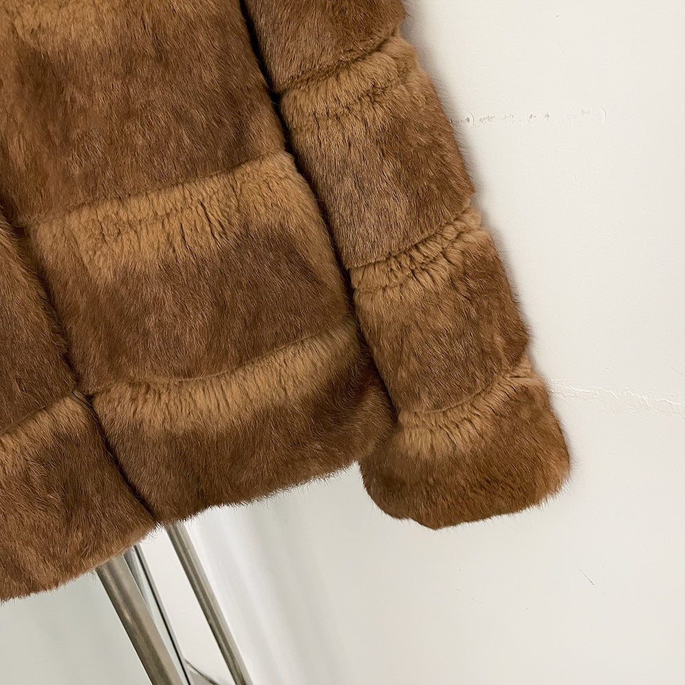 OFTBUY Women Horizontal Striped Real Rabbit Fur Coat Luxury Camel Fur Jacket with Stand Collar New Warm Winter Outerwear Female