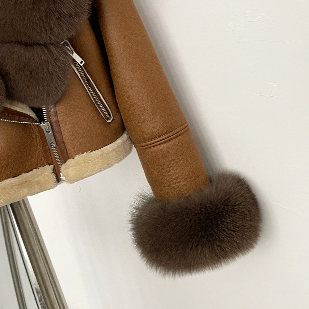 OFTBUY New Winter Real Fox Fur Collar and Cuffs Clothes Women Short Faux Leather Fake Fur Inner Jacket Female Thick Warm Coat