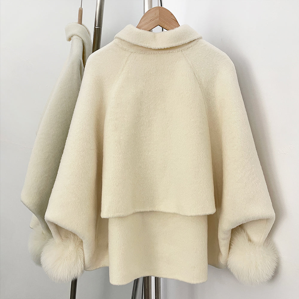 OFTBUY New Women's Double-Faced Wool Coat with Real Fox Fur Cuffs Lapel Collar Coat Design Warm Winter Elegant Fashion Outerwear