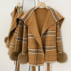 OFTBUY New Women's Double Face Wool Coat Plaid Pattern Real Fox Fur Cuffs Wide Collar Belted Waist Warm Winter Elegant Outerwear