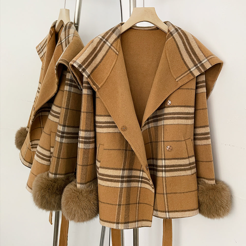 OFTBUY New Women's Double Face Wool Coat Plaid Pattern Real Fox Fur Cuffs Wide Collar Belted Waist Warm Winter Elegant Outerwear