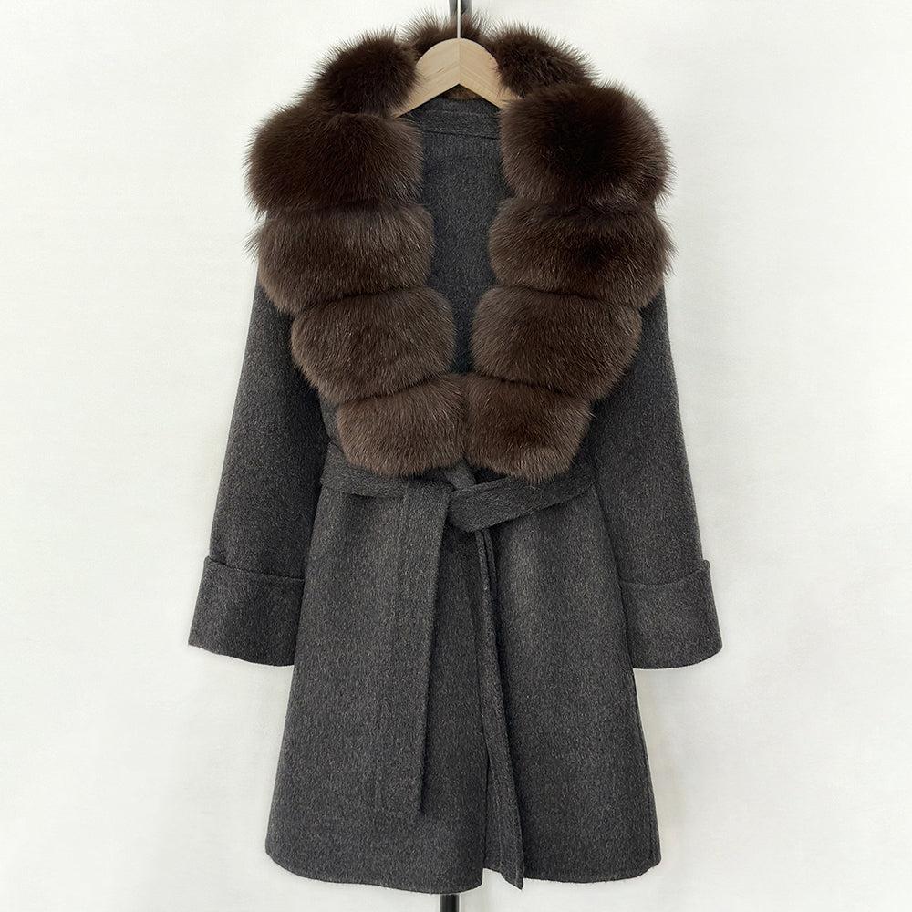 OFTBUY Natural Real Fox Fur Wool Blends Coat Women New Belt Pocket Winter Jacket Female Loose Woolen Outerwear Streetwear