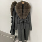 OFTBUY Women's Luxury Brown Knit Cardigan with Real Fox Fur Collar Belted Sweater Coat Female New Fashion Warm Winter Outerwear