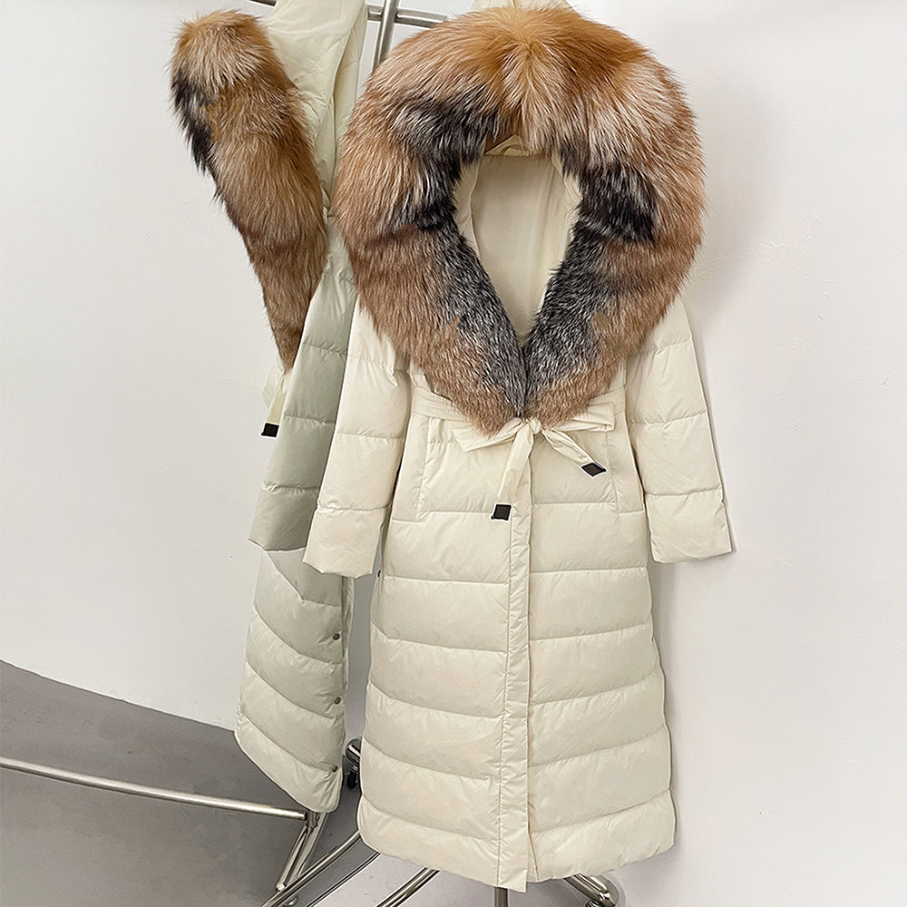 OFTBUY Hooded Winter White Duck Down Coat Large Real Fox Fur Collar X-Long Puffer Jacket Women Thick Female Parkas With Belt