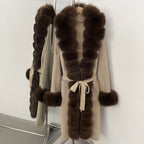 OFTBUY Trim Belted Warm Winter Coat Elegant Fashion Outerwear Female Long Sweater New Women's Knit Coat with Full Real Fox Fur