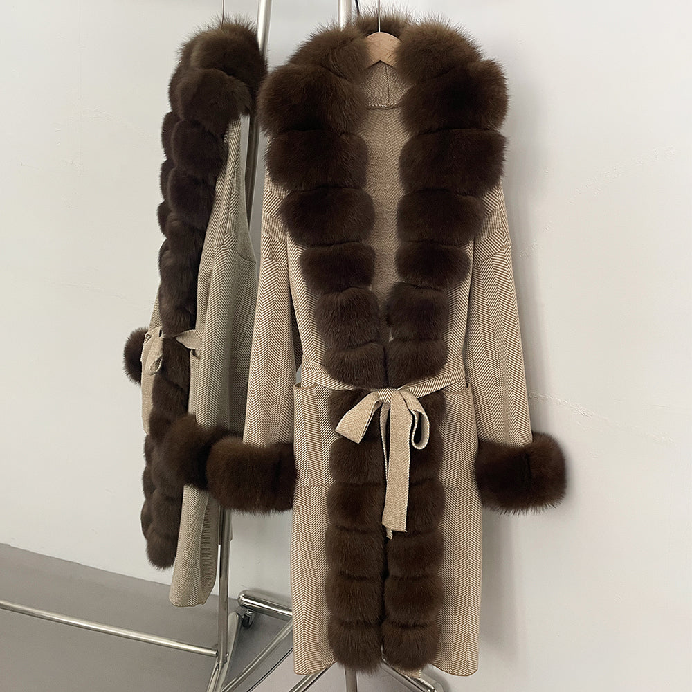 OFTBUY Trim Belted Warm Winter Coat Elegant Fashion Outerwear Female Long Sweater New Women's Knit Coat with Full Real Fox Fur