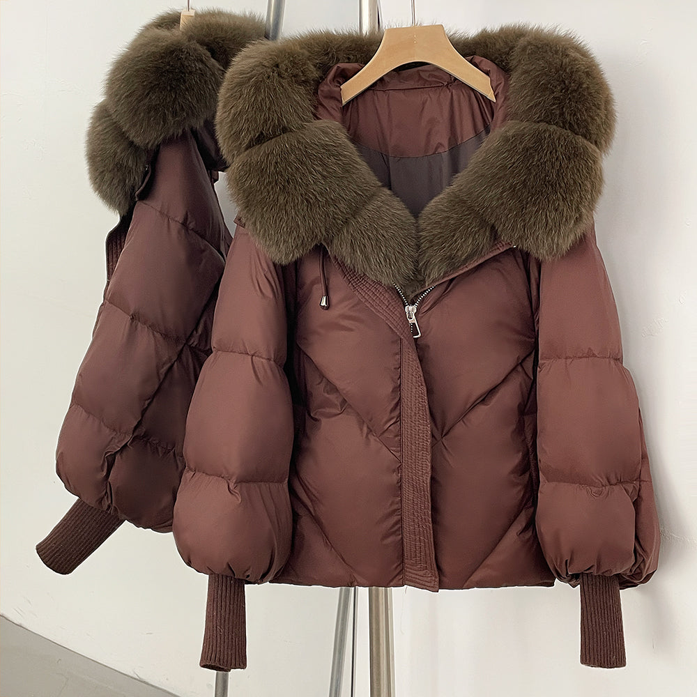 OFTBUY Luxury Cropped Down Puffer with Colossal Real Fur Collar - Premium 90% Duck Down Winter Statement Coat