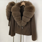 OFTBUY Women's Luxury Real Fox Fur Collar Knit Coat Warm New Autumn Winter Jacket Female Elegant Cardigan Sweater Outerwear