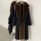 OFTBUY New Autumn Winter Clothes Women Belt Natural Fur Collar Woolen Jacket Long Big Fox Fur Pinnacle 100% Wool Coat Female