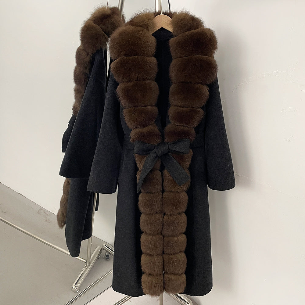 OFTBUY New Autumn Winter Clothes Women Belt Natural Fur Collar Woolen Jacket Long Big Fox Fur Pinnacle 100% Wool Coat Female