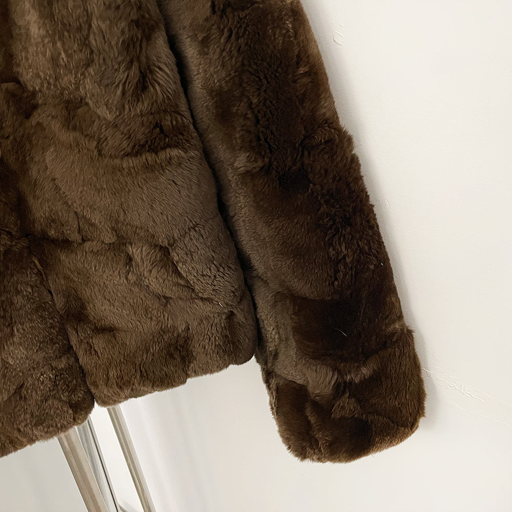 OFTBUY Women's Brown Patchwork Real Rex Rabbit Fur Short Coat V-Neck Open Front Fur Jacket Female New Autumn Winter Outerwear