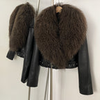 OFTBUY New Autumn Winter Clothes Women Fashion Warm Short Faux Leather Jacket Female Luxury Real Mongolia Sheep Fur Collar Coat