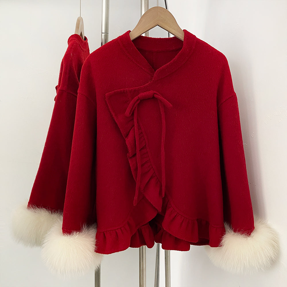 OFTBUY New Women's Wool Jacket with Real Fox Fur Cuffs Winter Elegant Fashion Clothing Outerwear Short Luxury Woolen Coat Female