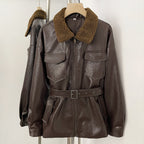 OFTBUY New Women's Faux Leather Jacket with Teddy Fur Collar Belted Waist Pockets Vintage Streetwear Fashion Outerwear Female
