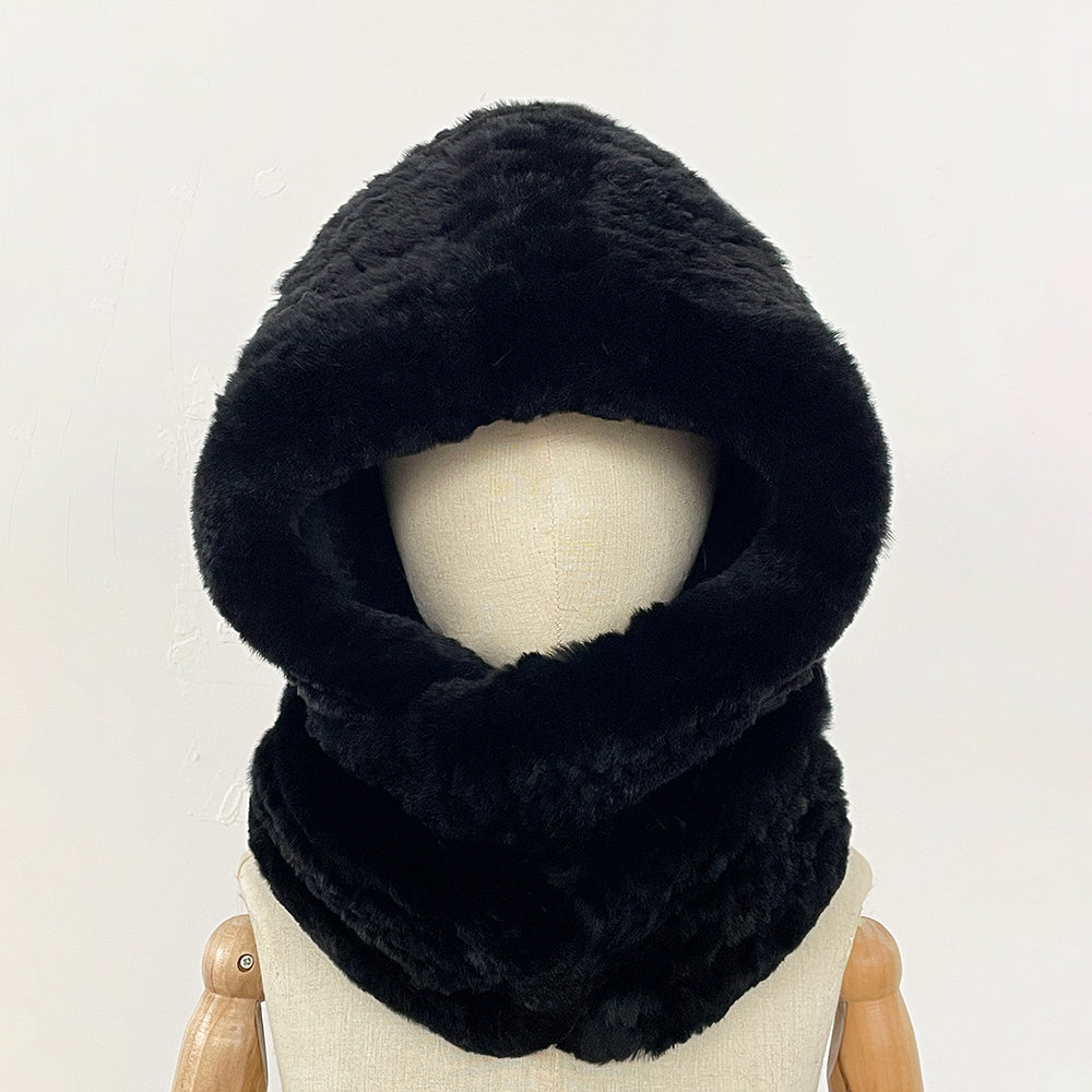 OFTBUY New Winter Cute Windproof Real Fur Cycling Cap with Muffler Female Thick Warm Natural Rabbit Fur Bomber Hat Scarf Women