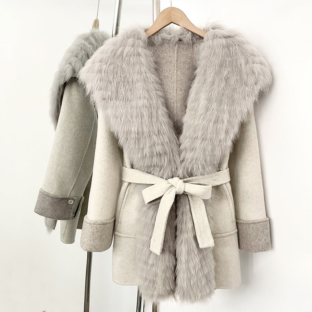 OFTBUY New Autumn Winter Belt Top Clothes Mid-length Real Fox Fur Woolen Coat Female Fashion Warm Natural Fur Wool Jacket Women