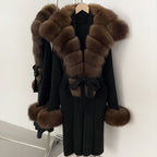 OFTBUY Fashion Warm Belt Real Fox Fur Cardigan New Natural Fur Collar Long Knit Jacket Women Atrumn Winter Top Clothing Female