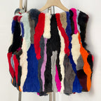 OFTBUY New Autumn Winter Luxury Outerwear Women's Multicolor Real Rex Rabbit Fur Vest Patchwork V-Neck Natural Fur Waistcoat
