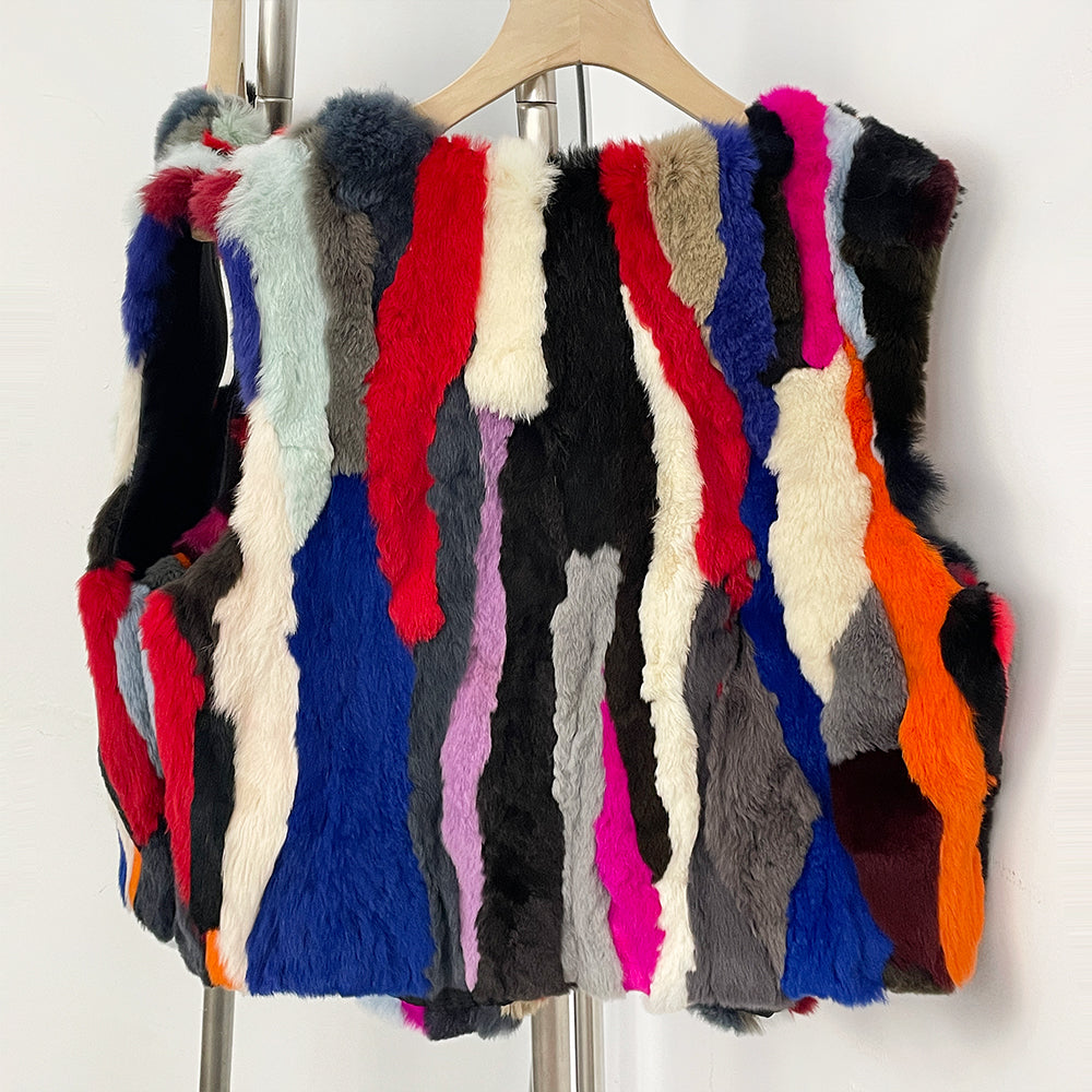 OFTBUY New Autumn Winter Luxury Outerwear Women's Multicolor Real Rex Rabbit Fur Vest Patchwork V-Neck Natural Fur Waistcoat