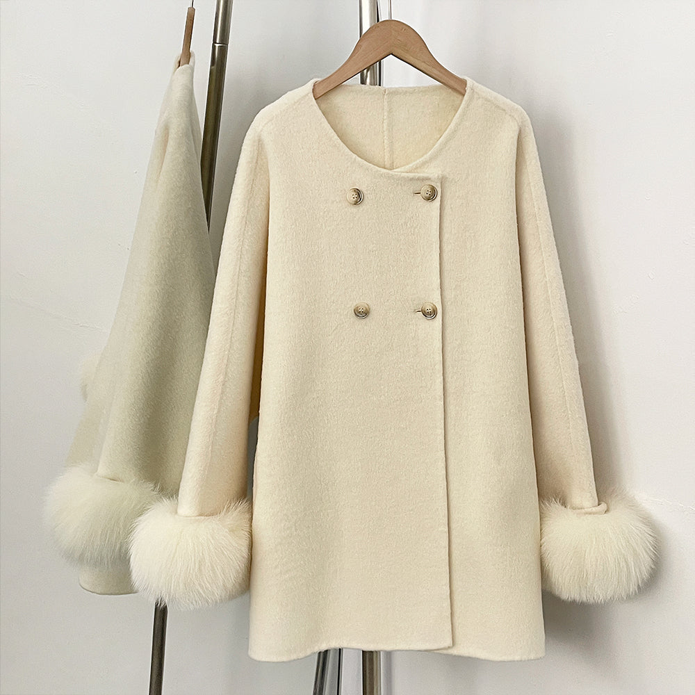 OFTBUY New Women's Double-Faced Wool Coat with Real Fox Fur Cuffs Round Neck Warm Winter Elegant Fashion Outerwear Woolen Coat
