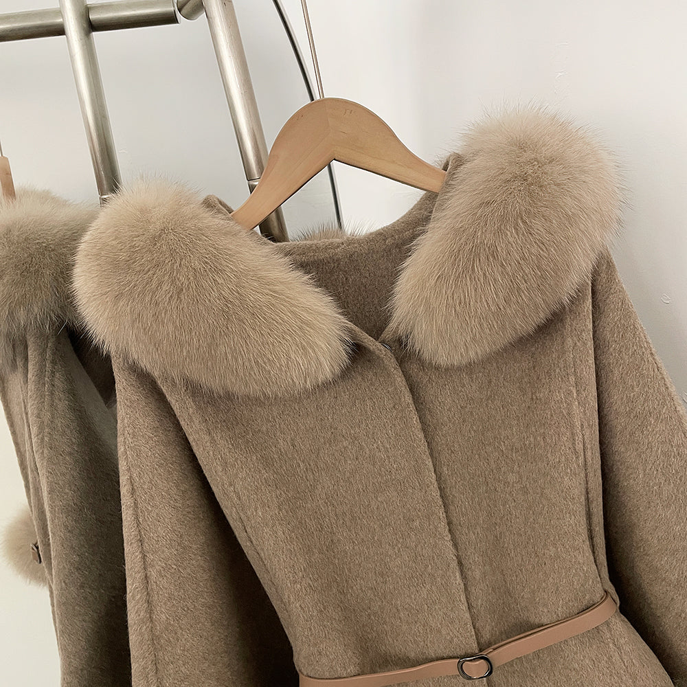 OFTBUY New Women's Wool Coat with Real Fox Fur Collar Cuffs Hooded Belted Waist Warm Winter Elegant Fashion Outerwear