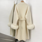 OFTBUY New Autumn Winter Belt Top Clothes Women Long Elegant Double-sided Woolen Coat Femlae Real Fox Fur Cuffs 100% Wool Coat