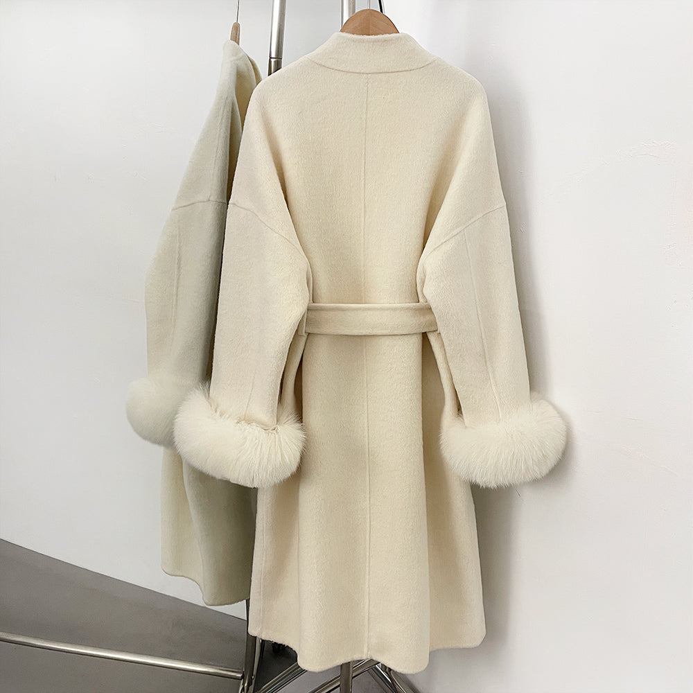 OFTBUY New Autumn Winter Belt Top Clothes Women Long Elegant Double-sided Woolen Coat Femlae Real Fox Fur Cuffs 100% Wool Coat