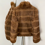 OFTBUY Women Horizontal Striped Real Rabbit Fur Coat Luxury Camel Fur Jacket with Stand Collar New Warm Winter Outerwear Female