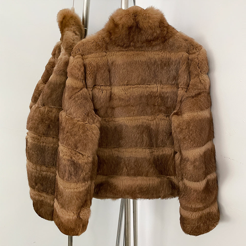 OFTBUY Women Horizontal Striped Real Rabbit Fur Coat Luxury Camel Fur Jacket with Stand Collar New Warm Winter Outerwear Female