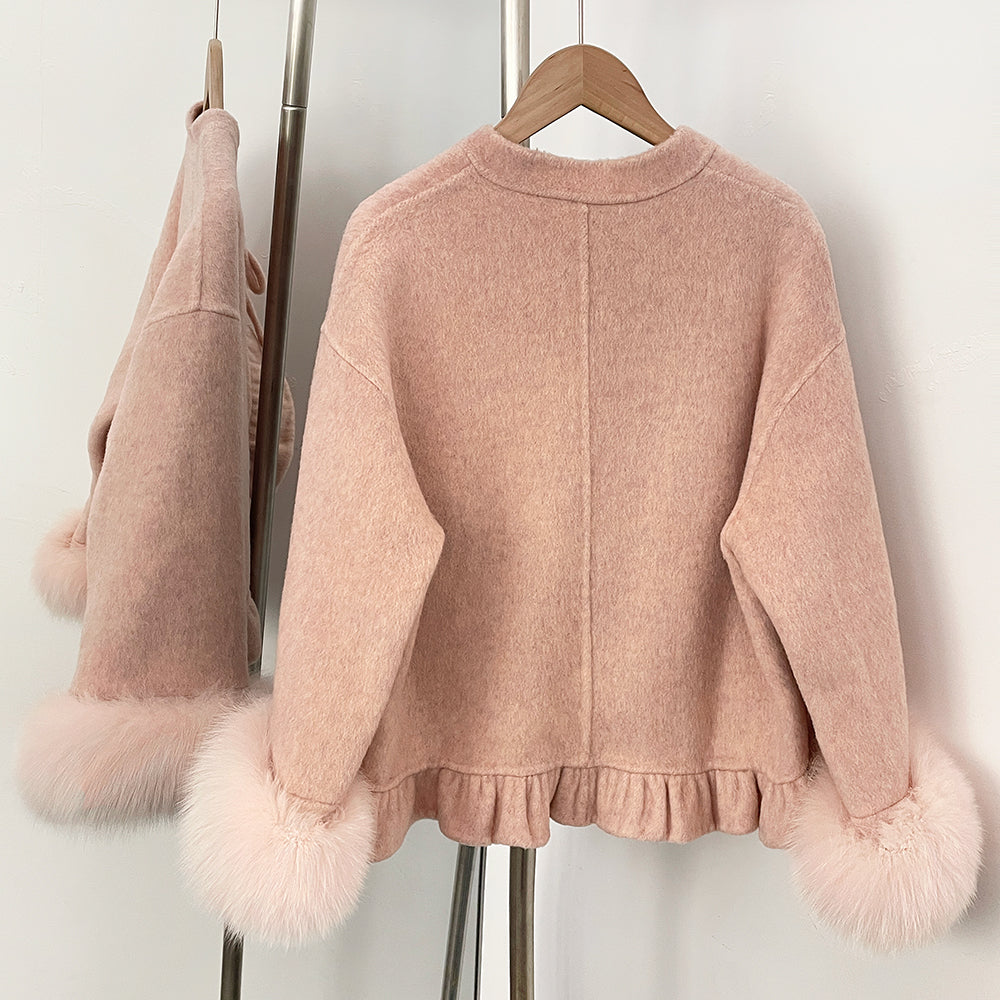 OFTBUY New Women's Wool Jacket with Real Fox Fur Cuffs Winter Elegant Fashion Clothing Outerwear Short Luxury Woolen Coat Female
