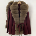 OFTBUY New Women's Knit Cardigan with Oversized Real Fox Fur Trim Self-Tie Belt Sweater Luxury Warm Winter Fashion Outerwear