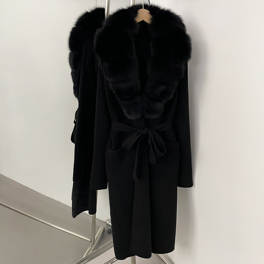 OFTBUY Women's Luxury Brown Knit Cardigan with Real Fox Fur Collar Belted Sweater Coat Female New Fashion Warm Winter Outerwear