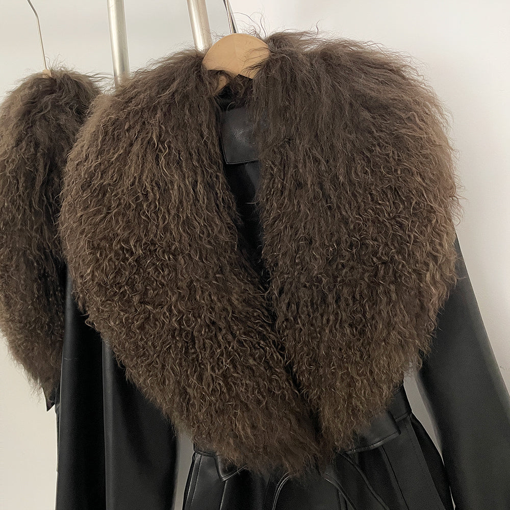OFTBUY New Women's Long Faux Leather Trench Coat with Real Mongolian Sheep Fur Collar Belted Waist Luxury Jacket Warm Outerwear