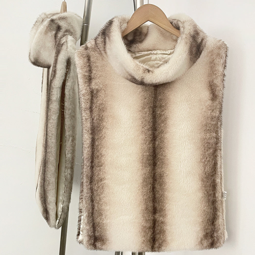 OFTBUY Luxury Belted Faux Fur Vest - Elegant Funnel Neck Vegan Fur Gilet with Vertical Stripes