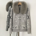 OFTBUY Women's Vintage Real Fox Fur Collar Knit Cardigan Paisley Print Zip Up Sweater Jacket Female Warm Winter Luxury Outerwear
