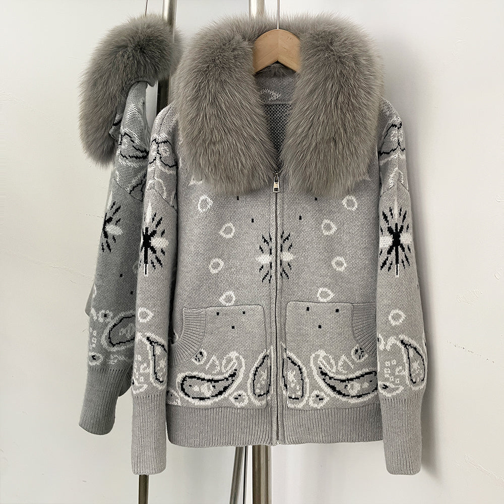 OFTBUY Women's Vintage Real Fox Fur Collar Knit Cardigan Paisley Print Zip Up Sweater Jacket Female Warm Winter Luxury Outerwear