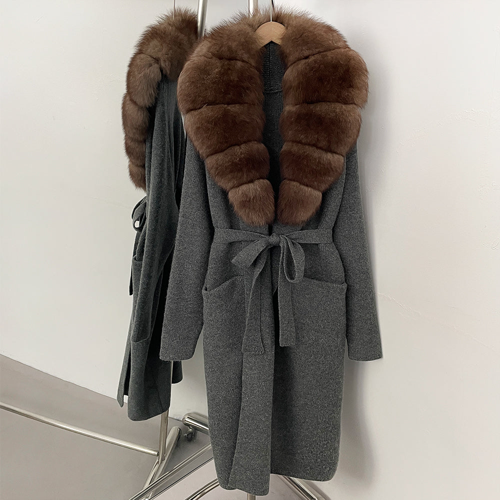 OFTBUY Women's Luxury Brown Knit Cardigan with Real Fox Fur Collar Belted Sweater Coat Female New Fashion Warm Winter Outerwear