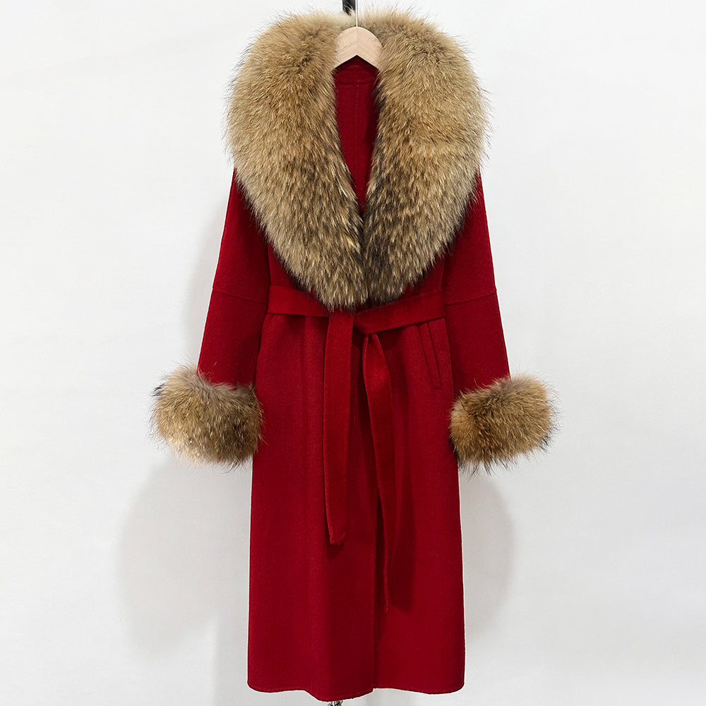 OFTBUY New Women's Double-Faced Wool Coat with Large Real Fox Fur Belted Warm Winter Luxury Fashion Outerwear Woolen Jacket Lady