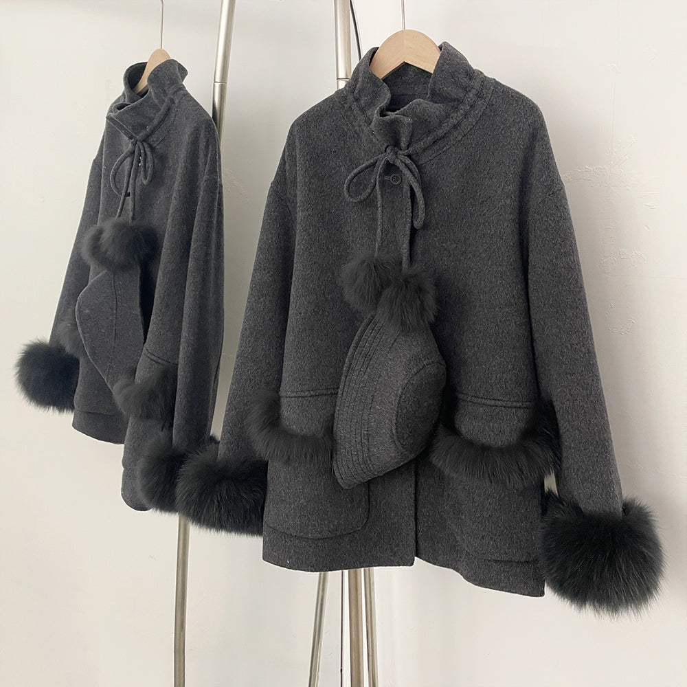OFTBUY Loose Real Fox Fur 100% Wool Coat with Hat New Autumn Winter Top Clothes Women Natural Fur Cashmere Woolen Jacket Female