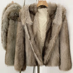 OFTBUY Luxury Hooded Faux Fur Jacket - Premium Vegan Silver Fox Style Cropped Winter Coat
