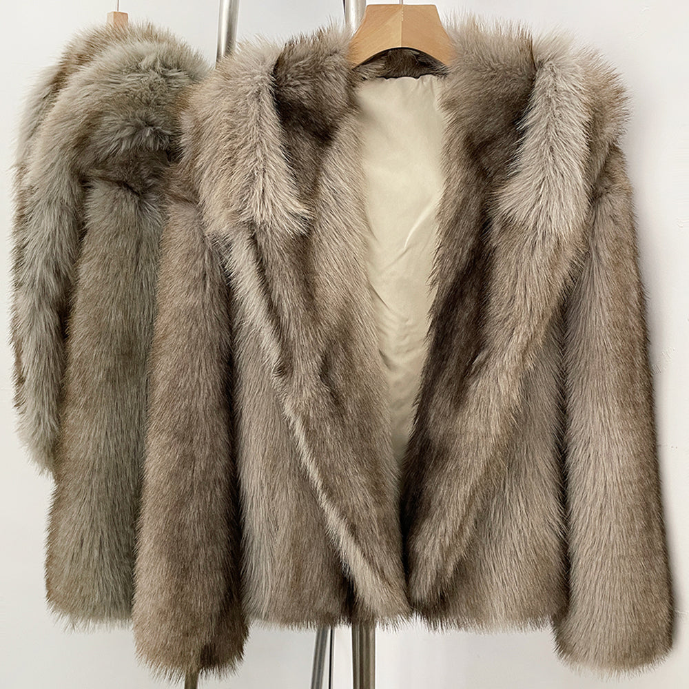 OFTBUY Luxury Hooded Faux Fur Jacket - Premium Vegan Silver Fox Style Cropped Winter Coat
