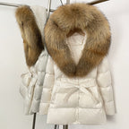 OFTBUY New Women's Duck Down Jacket with Large Real Fox Fur Hood Belted Waist Warm Winter Puffer Coat Lady Luxury Outerwear