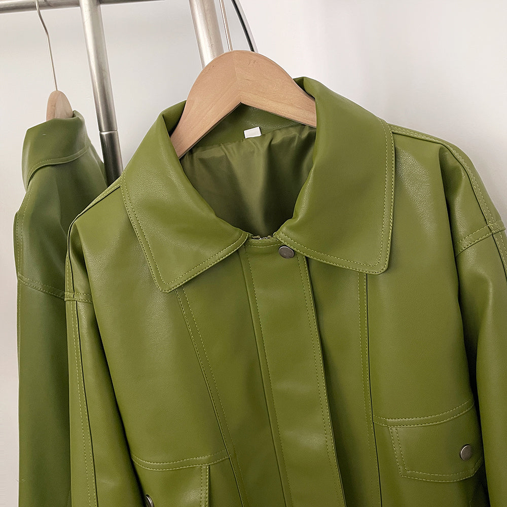OFTBUY New Autumn Green Faux Leather Jacket Women Loose Long Sleeve Elastic Hem Biker Coat Female PU Leather Overcoat Outerwear