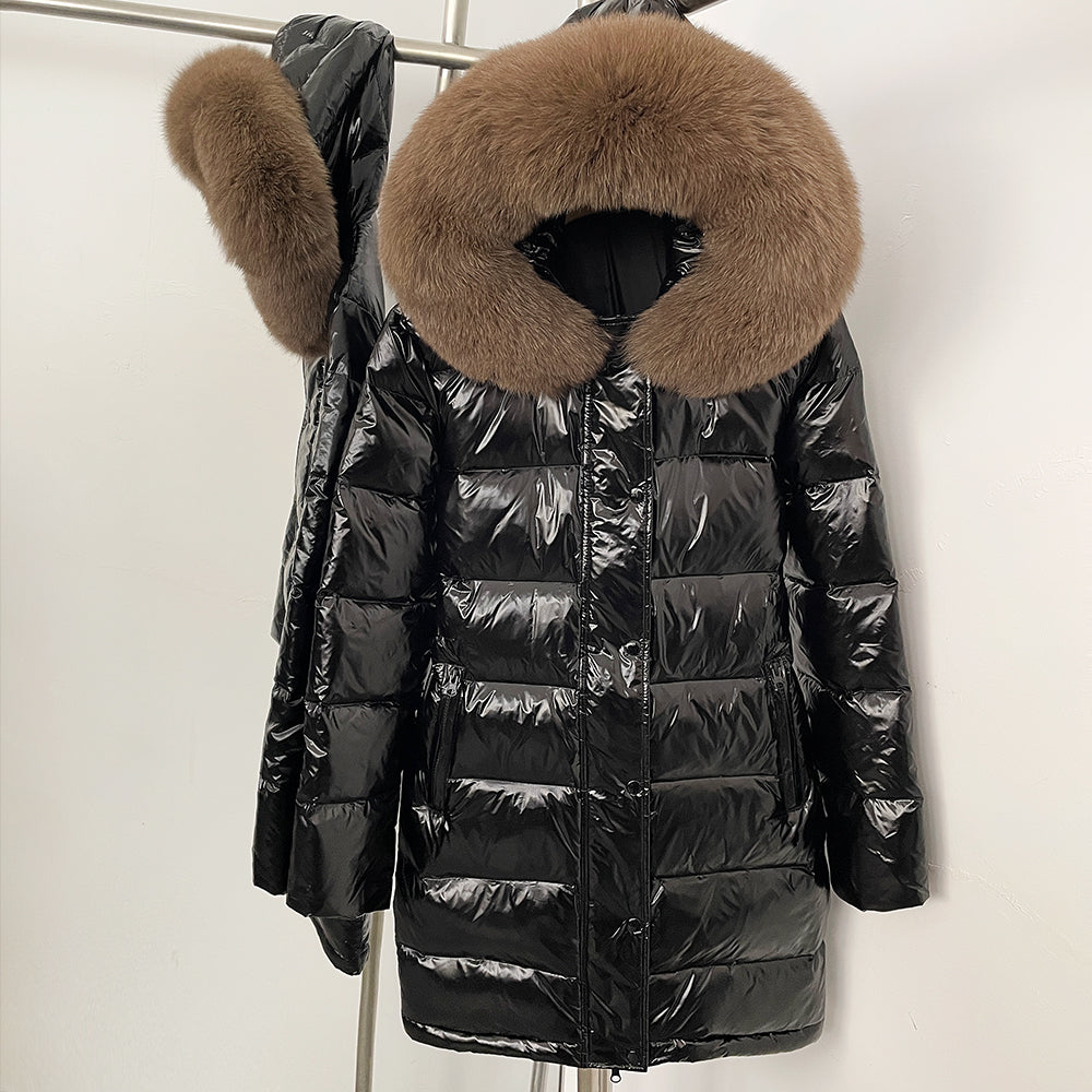 OFTBUY New Hood Collar Luxury Warm Winter Women's Shiny Puffer Jacket with Real Raccoon Fox Fur Outerwear Duck Down Coat Female