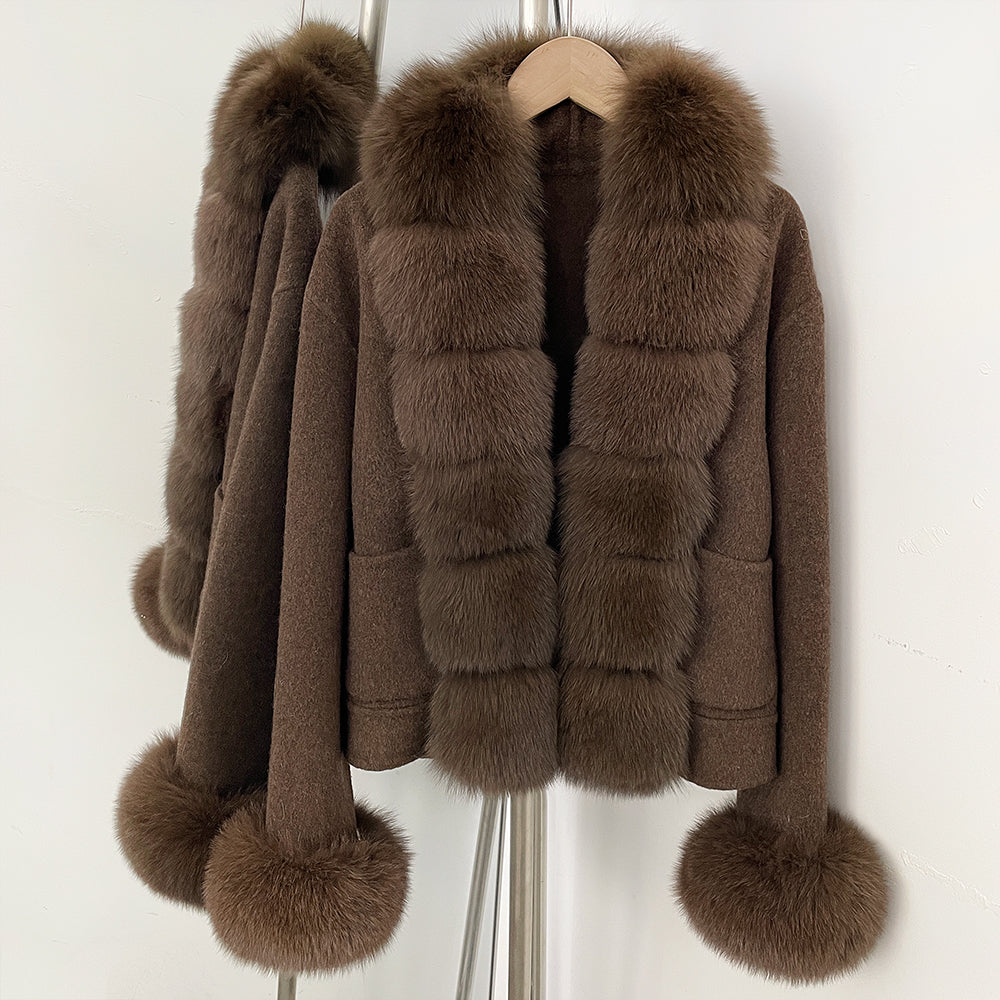 OFTBUY Women's Wool Coat with Real Fox Fur Trim Luxury Jacket with Fur Cuffs New Autumn Warm Winter Woolen Clothes Outerwear